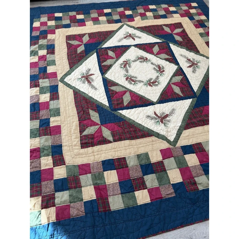 Vintage Handmade Rustic Pinecone Patchwork Quilt |‎ Queen Size